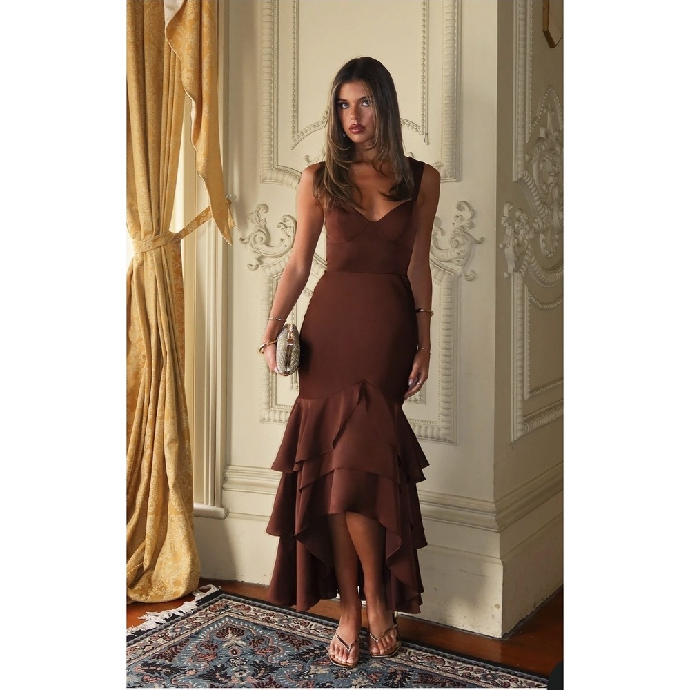Brown Maxi Ruffle Hem Dress - Women Dresses Maxi
